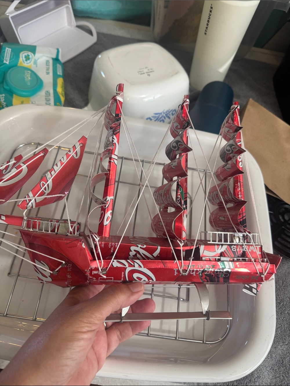 Coca-Cola CAN Art Red Sailboat Sculpture with Silver Rigging